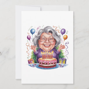 Excited Old Lady Birthday Cake Art Thank You Card