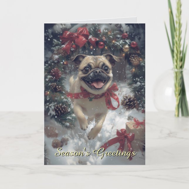 Excited Pug Dog Christmas Card (Front)