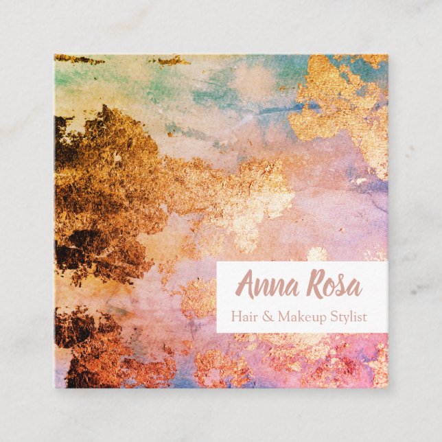 * Exciting Abstract Watercolor Gold Blue Pink Square Business Card (Front)