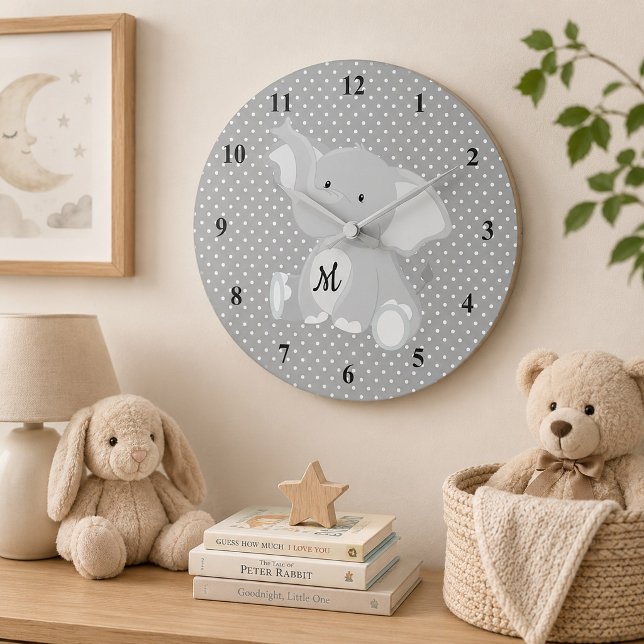 Exciting Monogram Elephant Polka dots Large Clock (Creator Uploaded)
