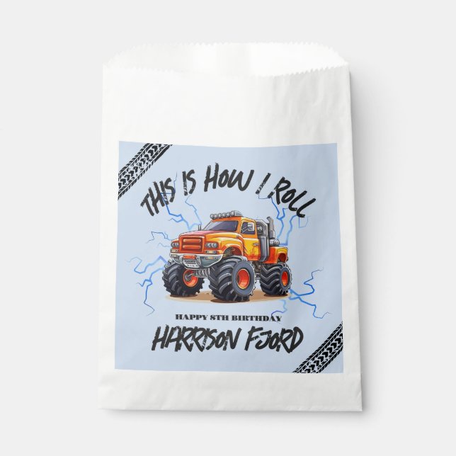 Exciting Orange Monster Truck Boys Birthday Party Favour Bags (Front)