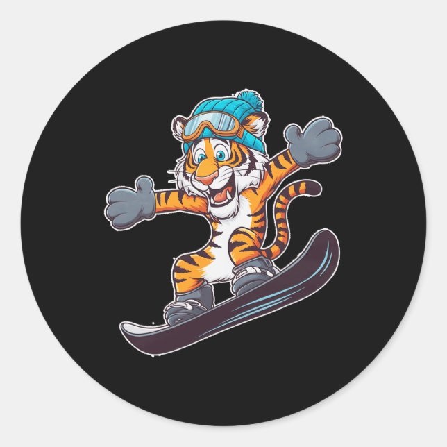 Exciting Winter Sports Tiger Design  Classic Round Sticker (Front)