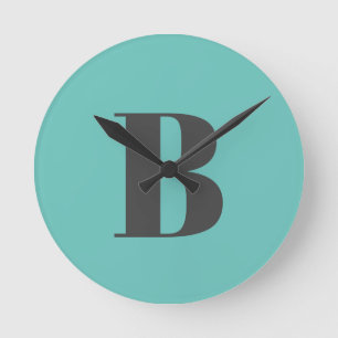 Exclusive Light Teal Grey Monogram Initial Letter Round Clock