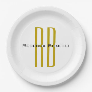 Exclusive Unique Gold Color Monogram Modern Name Paper Plate