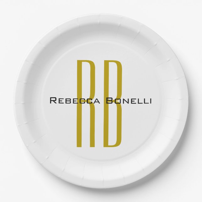 Exclusive Unique Gold Colour Monogram Modern Name Paper Plate (Front)