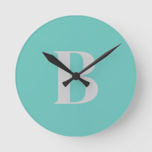Exclusive Unique Light Teal Grey Monogram Initial Round Clock