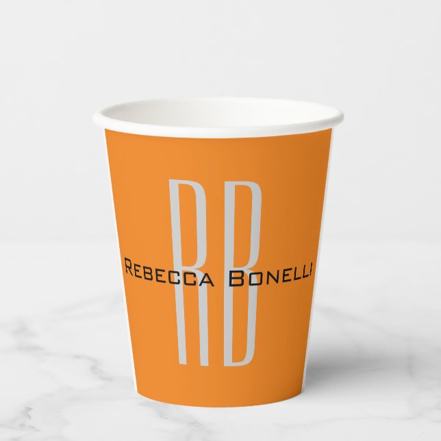 Exclusive Unique Orange Initials Monogram Modern Paper Cups (Front)