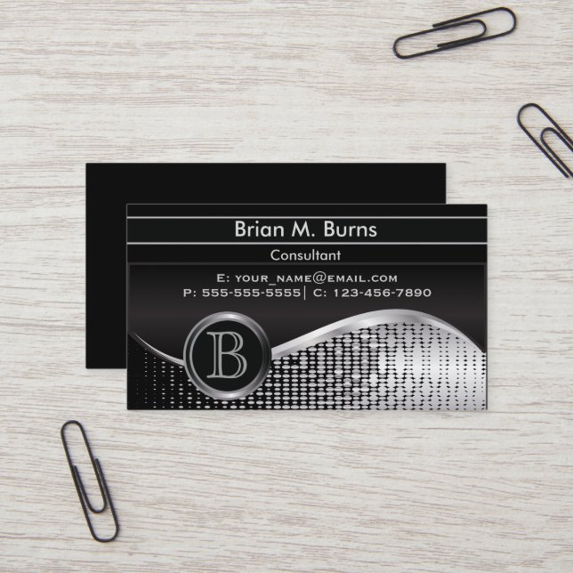 Executive Black and Silver |  Monogram Business Card (Front/Back In Situ)