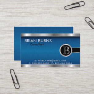 Executive Blue Brush and  Steel Monogram Business Card