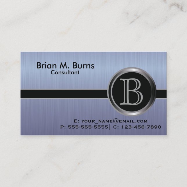 Executive Blue Brush Steel Monogram Business Card (Front)