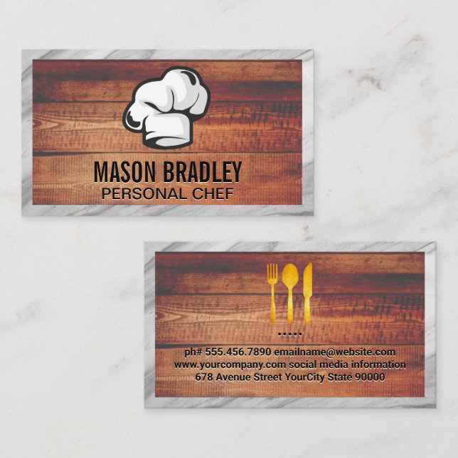 Executive Chef Hat | Wood and Marble Frame Business Card (Front/Back)