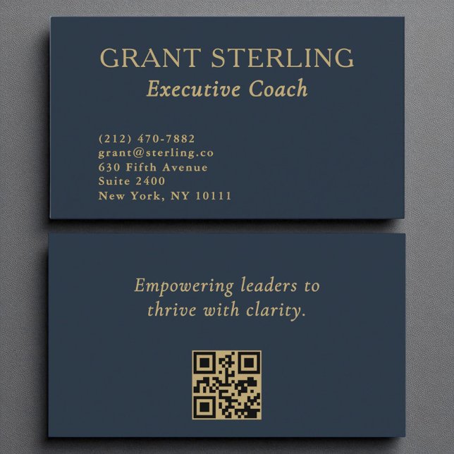 Executive Coach Navy Blue Gold QR Code  Business Card (Creator Uploaded)