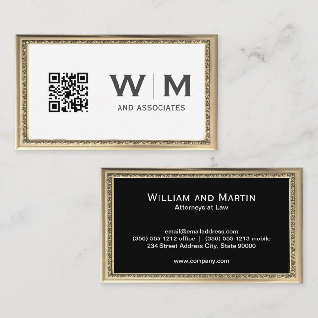 Executive Gold Frame Antique Monogram | qr Code Business Card (Front/Back)