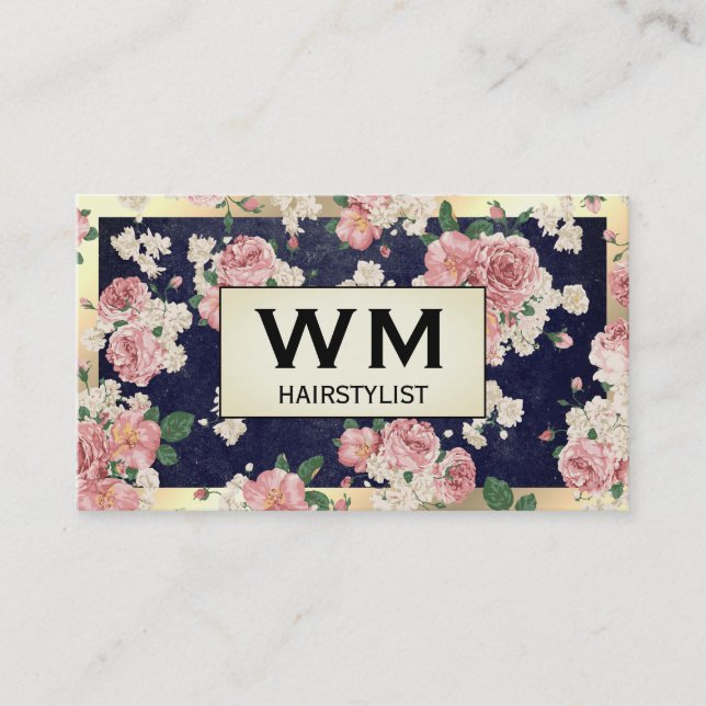 Executive Gold Frame Blue Slate Floral Pattern Business Card (Front)