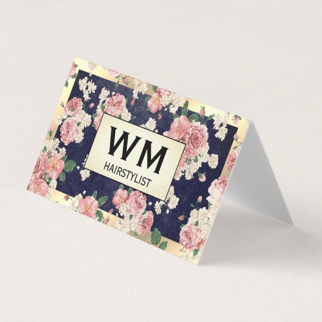 Executive Gold Frame Blue Slate Floral Pattern Business Card (Front)
