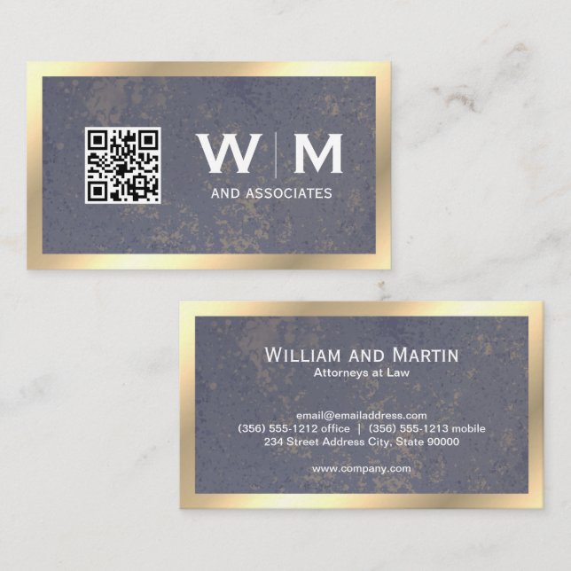 Executive Gold Texture Monogram | qr code Business Card (Front/Back)