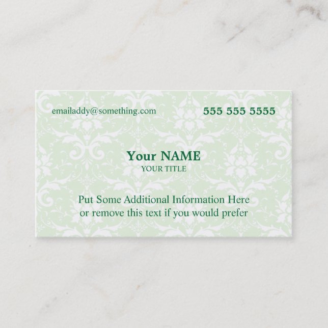 Executive Green and White Damask Business Card (Front)