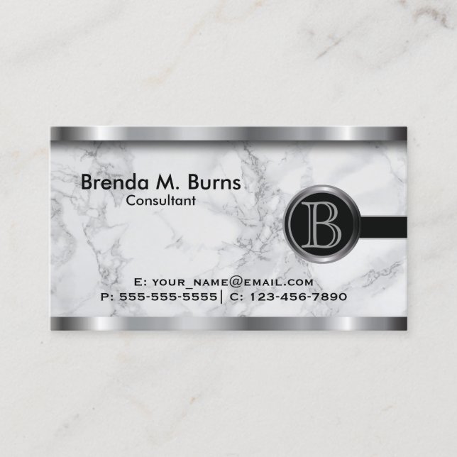 Executive Grey Marble Monogram Business Card (Front)