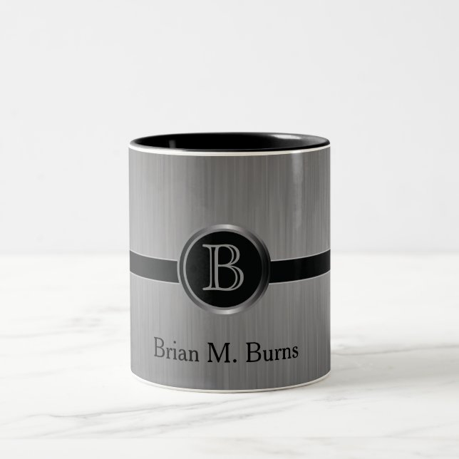 Executive Monogram Design - Black Brush Steel Two-Tone Coffee Mug (Center)