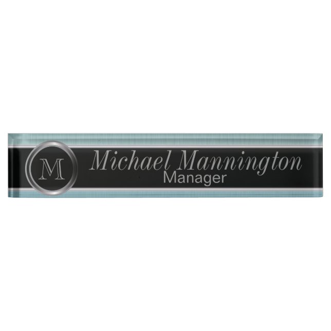 Executive Monogram Design | Turquoise Brush Steel Nameplate (Front)