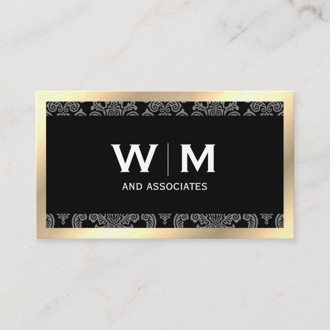 Executive Monogram Gold Border Damask Business Card (Front)