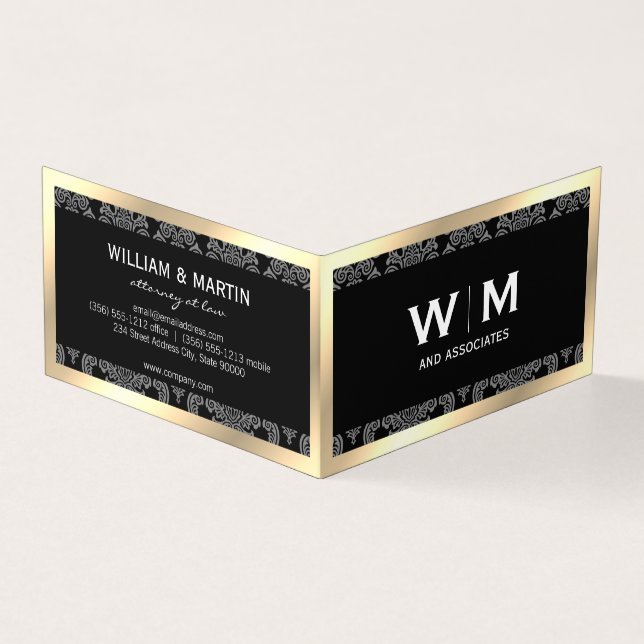Executive Monogram Gold Border Damask Business Card (Outside)