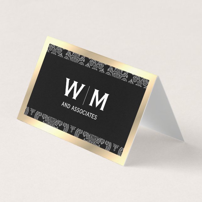 Executive Monogram Gold Border Damask Business Card (Front)