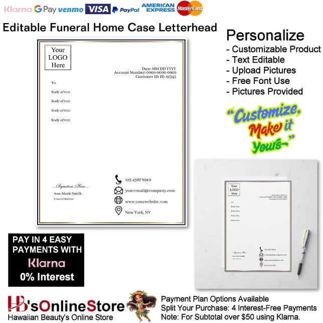 Executive Navy Gold Funeral Home Case  Custom Letterhead (Executive Navy Gold Funeral Home Case Letterhead.)