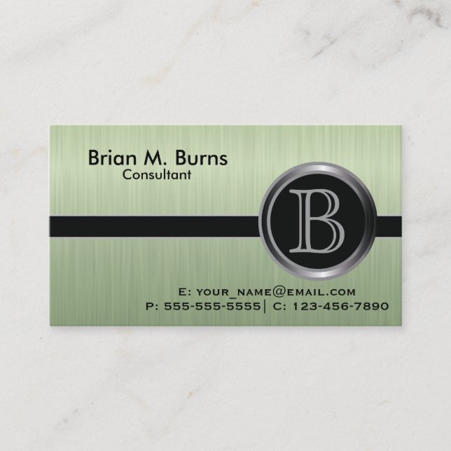 Executive Peridot Brush Steel Monogram Business Card (Front)