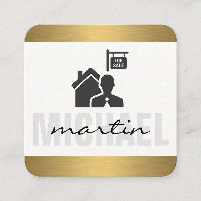 Executive Real Estate Agent Gold Trim Square Business Card (Front)