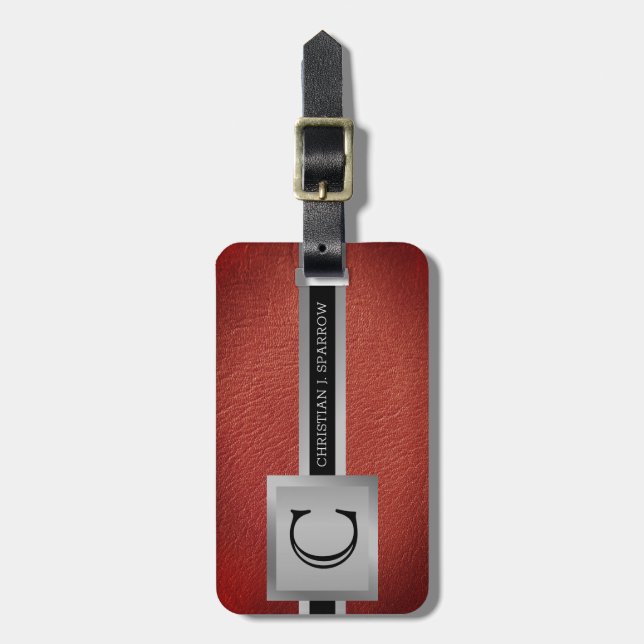 Executive Red Leather & Silver Metal monogrammed Luggage Tag (Front Vertical)