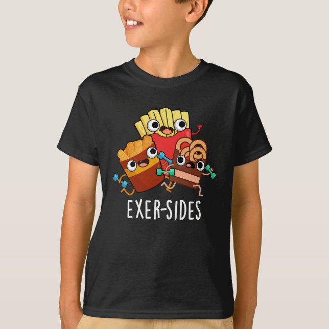 Exer-sides Funny Exercise Pun Dark BG T-Shirt (Front)
