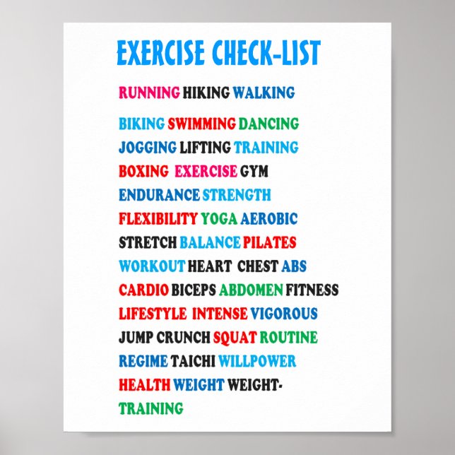 EXERCISE CHECK-LIST GYM Weight Health Heart Cancer Poster (Front)