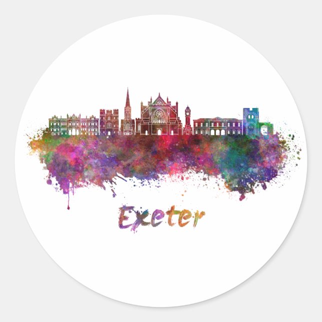 Exeter skyline in watercolor classic round sticker (Front)