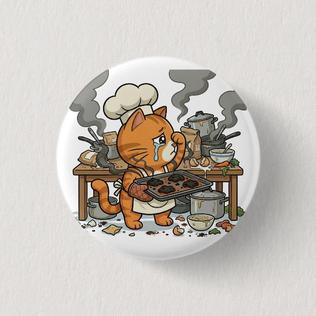 Exhausted Chef Cat Kitchen Disaster Button (Front)