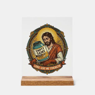 Exhausted Jesus Empty Protein Powder Tub Gym Humou Acrylic Sign