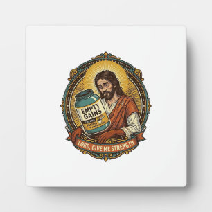 Exhausted Jesus Empty Protein Powder Tub Gym Humou Plaque