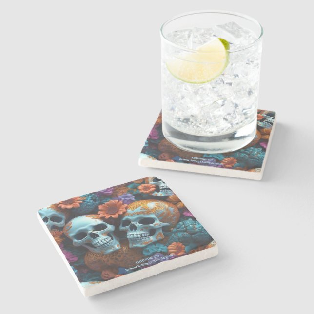 EXISTENTIAL LITE Memento Mori Lovers Skulls  Stone Coaster (Side)