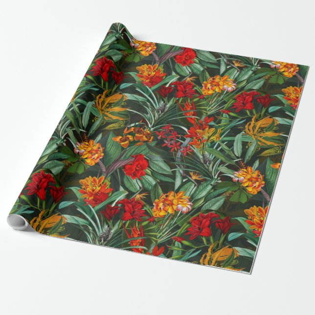 Exotic Aloha Jungle Flowers and Leaves Pattern Wrapping Paper (Unrolled)