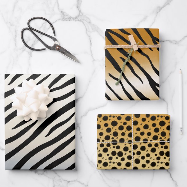 Exotic Animal Print Collection Zebra Tiger Cheetah Wrapping Paper Sheet (Front)