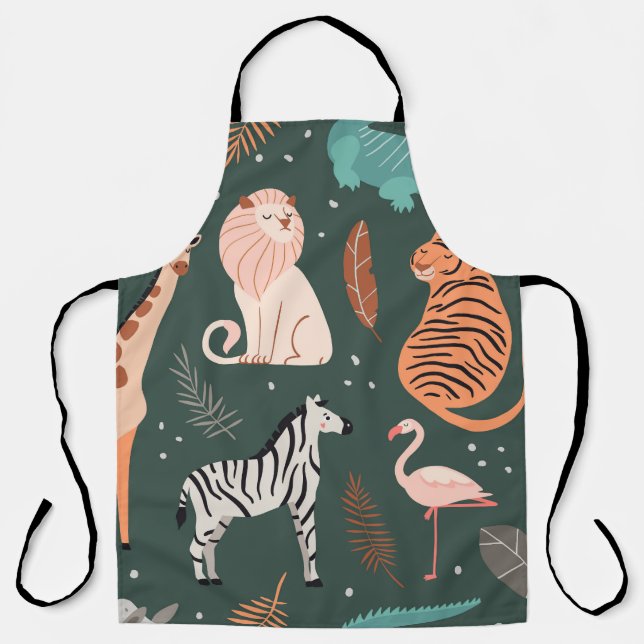 Exotic Animals: Dark Tropical Kids' Pattern. Apron (Front)