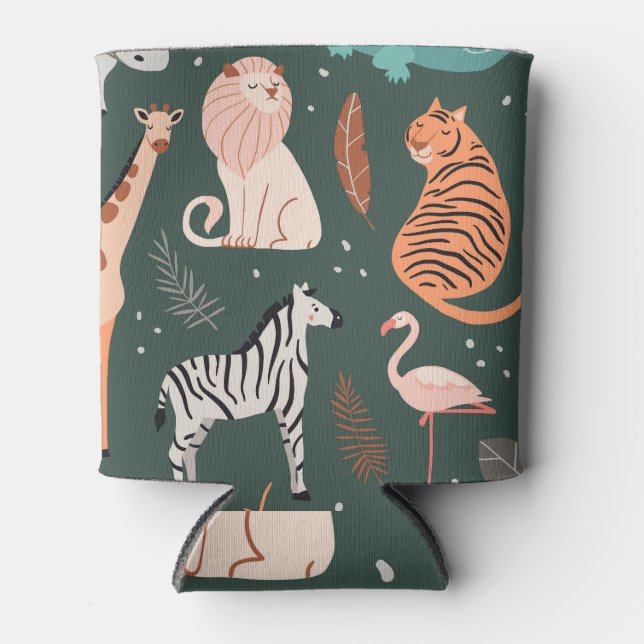 Exotic Animals: Dark Tropical Kids' Pattern. Can Cooler (Front)