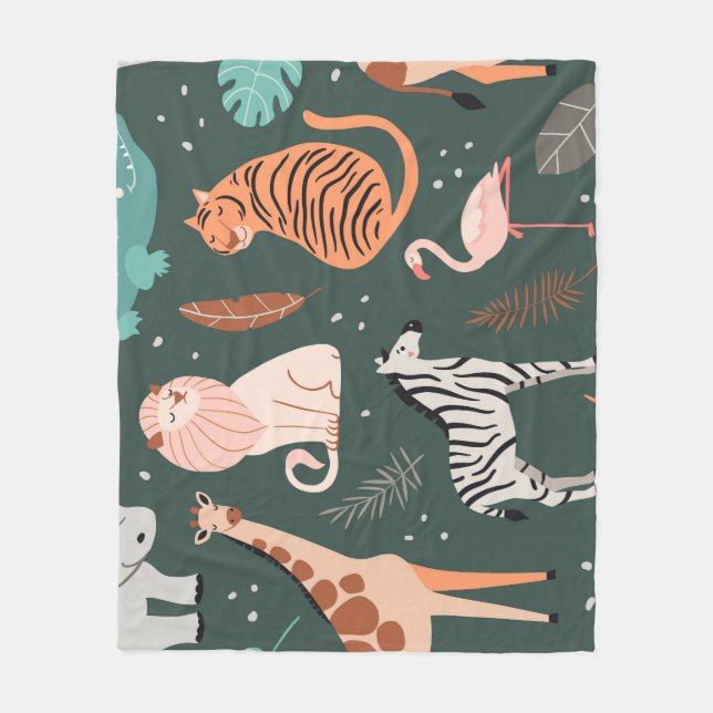 Exotic Animals: Dark Tropical Kids' Pattern. Fleece Blanket (Front)