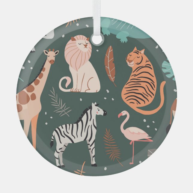 Exotic Animals: Dark Tropical Kids' Pattern. Glass Tree Decoration (Front)