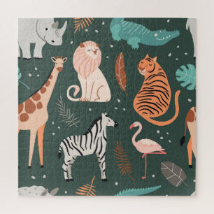 Exotic Animals: Dark Tropical Kids' Pattern. Jigsaw Puzzle