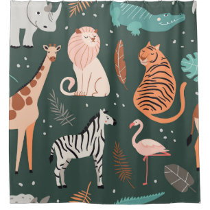 Exotic Animals: Dark Tropical Kids' Pattern. Shower Curtain