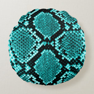 Exotic Aqua Diamond Rattlesnake Skin Animal Print Round Cushion