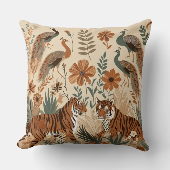 exotic art of tigers and bohemian floral turkeys cushion (Front)