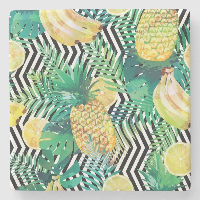 Exotic Bananas Lemons Tropical Seamless Stone Coaster (Front)