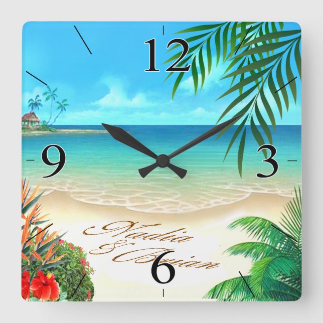 Exotic Beach ASK ME TO DRAW YOUR NAMES IN SAND Square Wall Clock (Front)